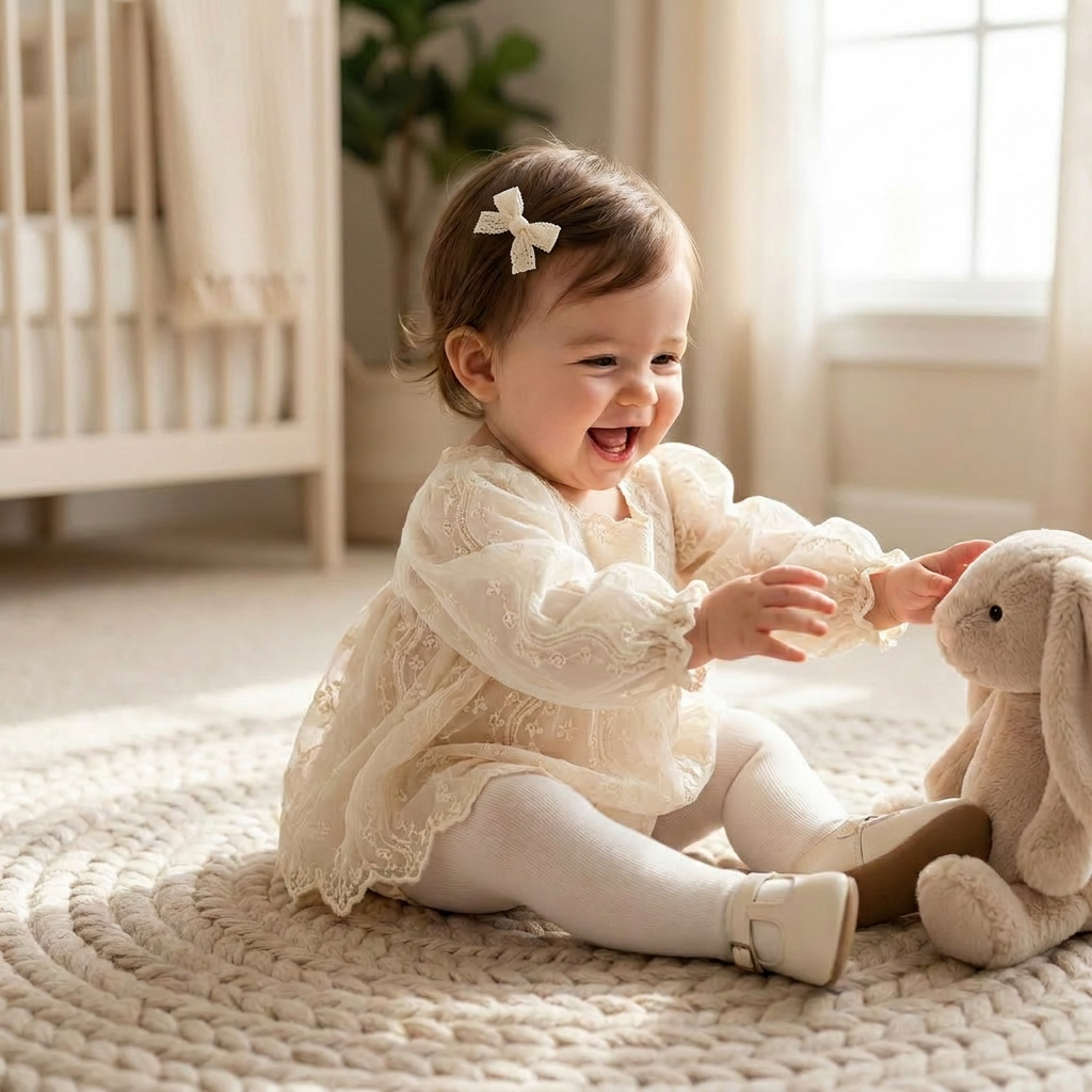 A laughing baby girl wearing a small hair bow, a long-sleeve ivory lace romper, white tights, and cream shoes, sitting on a braided nursery rug and reaching for a stuffed bunny.