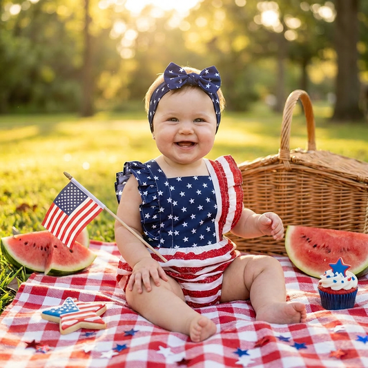 Smiling baby girl wearing a patriotic 4th of July ruffle romper and star-print headband at a summer picnic with a flag and watermelon.