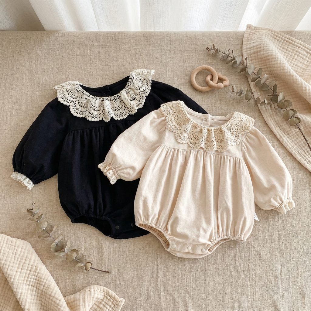 Black and cream vintage long sleeve baby girl lace collar bubble rompers laid out together