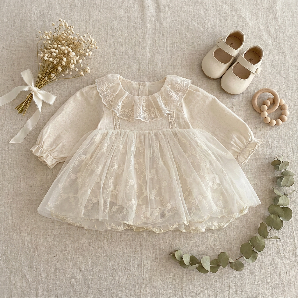 Flat lay of the baby girl lace romper dress styled beautifully with small white baby shoes, a pacifier clip, and dried floral accents.
