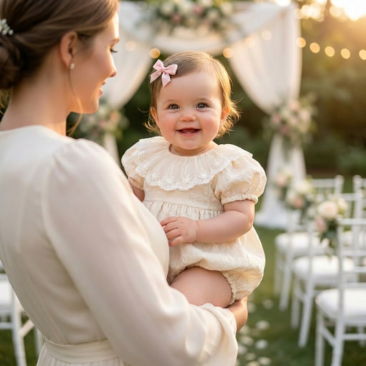 Woman holding a baby in a decorated outdoor setting with chairs and floral arrangements.