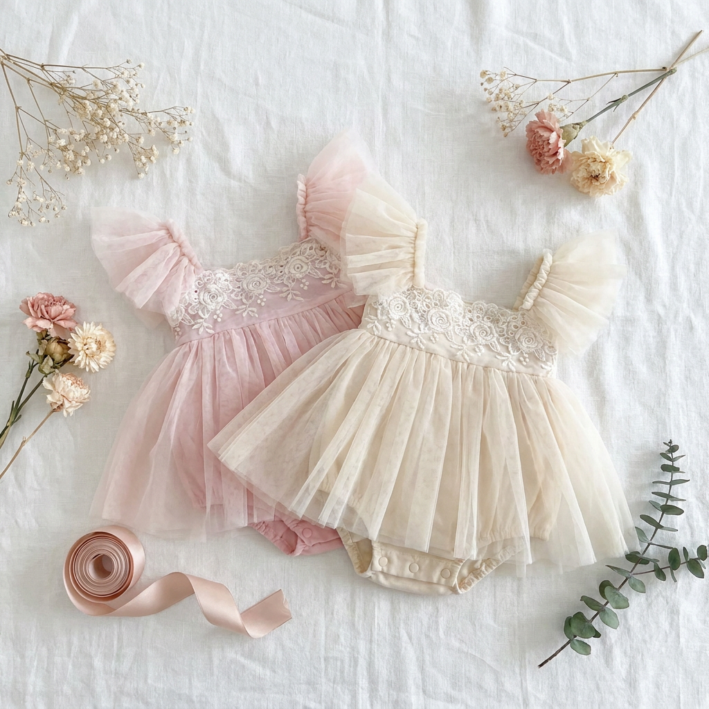 Pink and cream baby girl lace ruffle tulle tutu romper dresses with floral decor