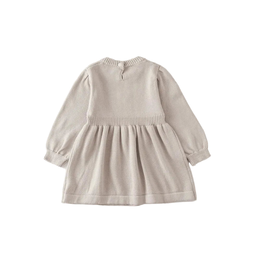 Back view of the light gray baby girl long sleeve knit sweater dress showing the back button.