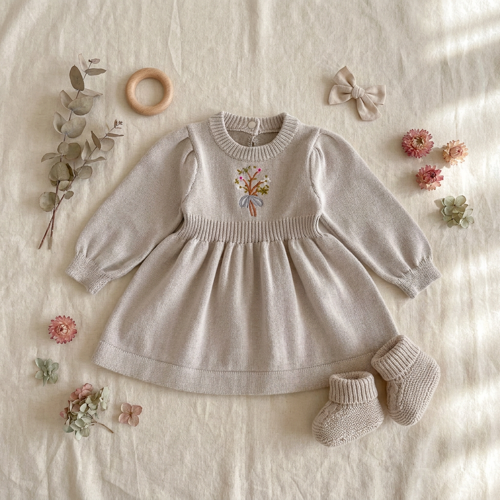 lat lay photo of the light gray baby girl knit sweater dress styled with baby booties, a wooden teething ring, and decorative flowers.