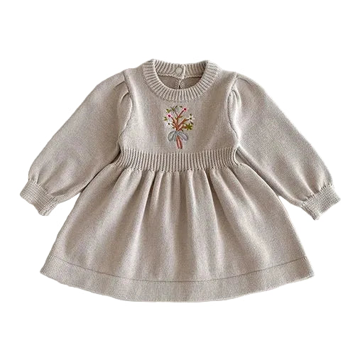 Front view of the light gray baby girl long sleeve knit sweater dress featuring floral chest embroidery.