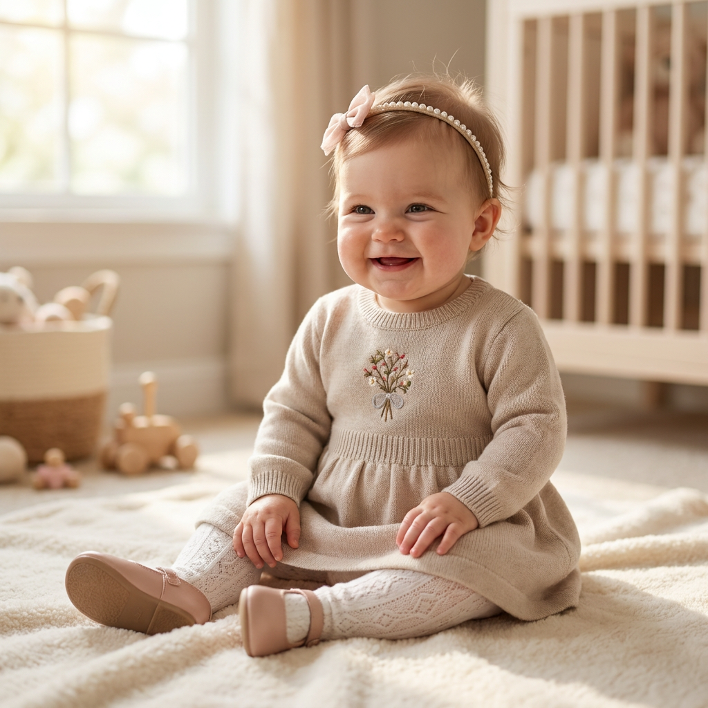 Smiling baby girl sitting on a floor wearing the light gray floral embroidered sweater dress.