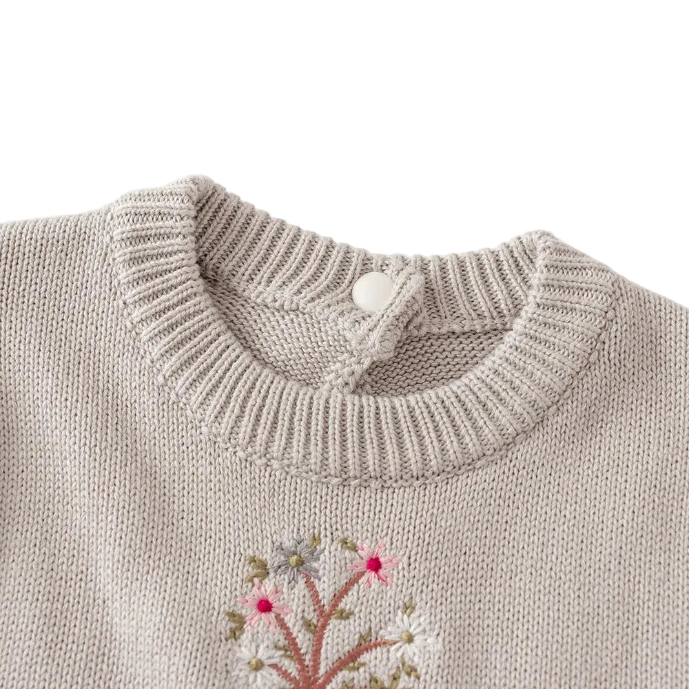Close-up of the ribbed crew neckline on the light gray baby girl knit sweater dress.