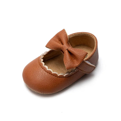 Baby girl dark brown Mary Jane dress shoes with bowknot and non-slip rubber sole