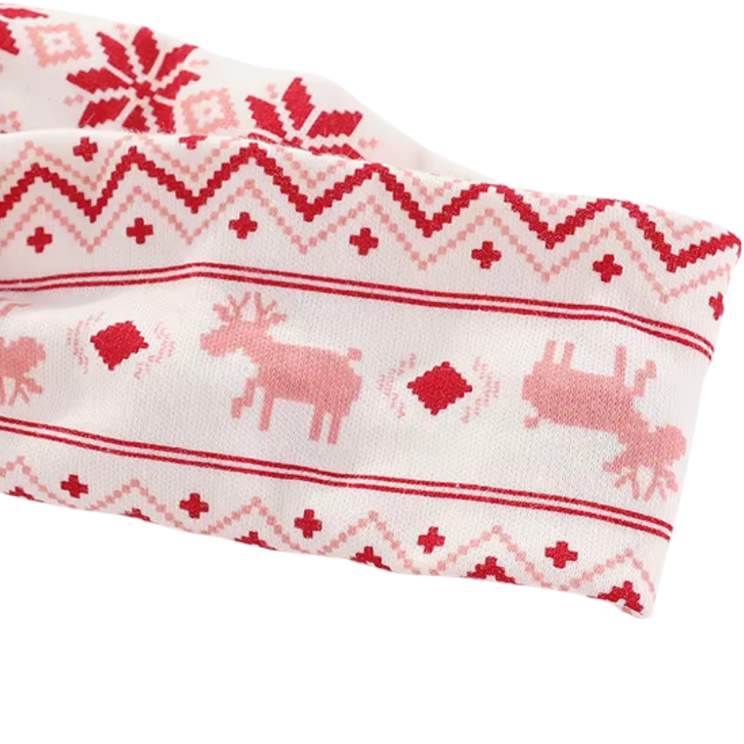 Matching baby girl elastic hairband with Fair Isle holiday print bow