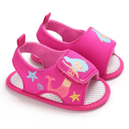 Pair of hot pink baby girl mermaid soft sole sandals for first walker