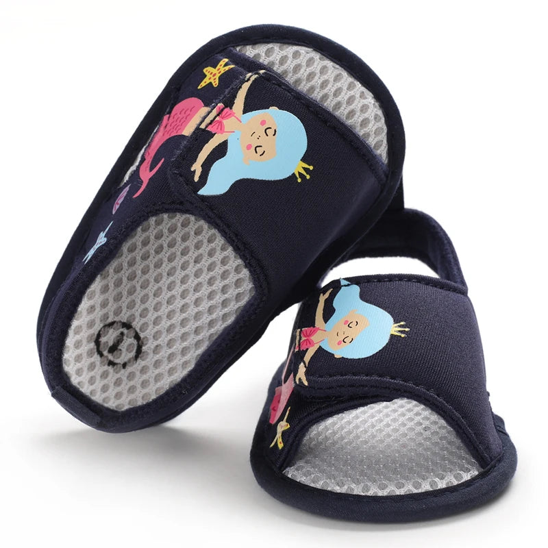 Top-down view of navy blue baby girl mermaid sandals showing the inner mesh lining and toe design.