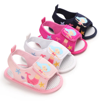 Four pairs of baby girl soft sole sandals featuring a mermaid design in navy blue, hot pink, white, and light pink.