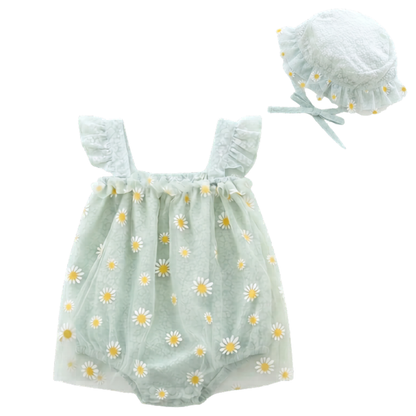 Mint Green baby girl romper set featuring a premium floral jacquard texture with white daisy mesh overlay and matching sun hat.