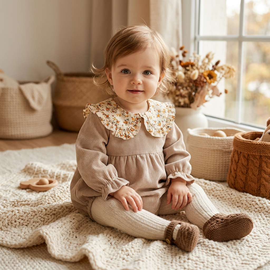 A baby girl sitting on a cozy blanket wearing a beige ribbed corduroy romper with a floral collar, paired with cream tights.