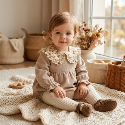 A baby girl sitting on a cozy blanket wearing a beige ribbed corduroy romper with a floral collar, paired with cream tights.