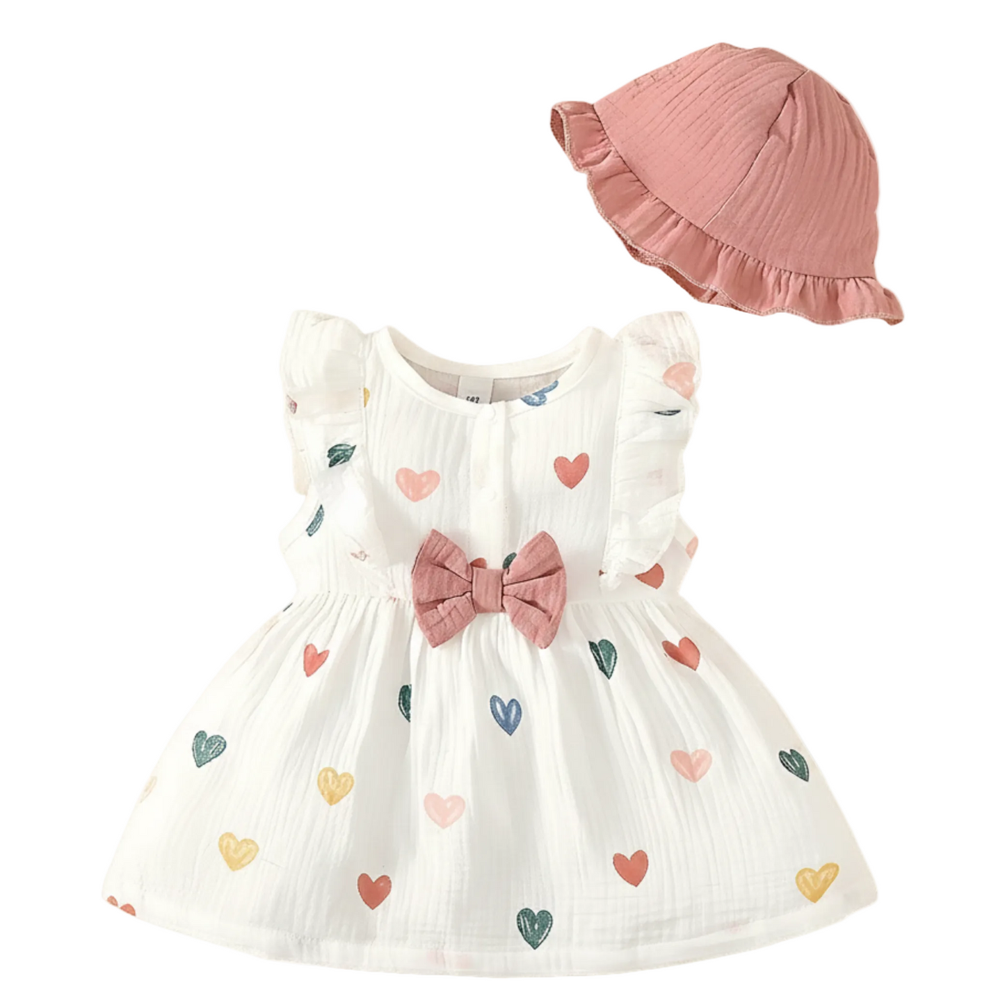 Baby Girl White dress with colorful heart patterns and a pink bow, paired with a matching pink hat on a white background.