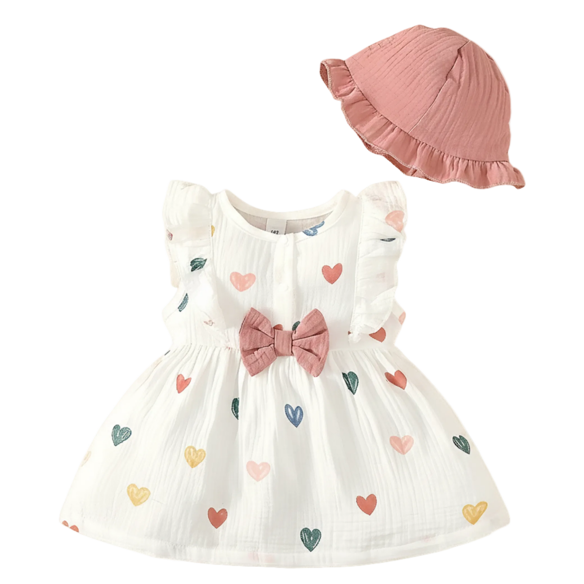 Baby Girl White dress with colorful heart patterns and a pink bow, paired with a matching pink hat on a white background.