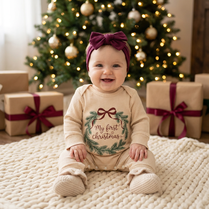 Baby girl sitting in front of a Christmas tree wearing My First Christmas ribbed romper set