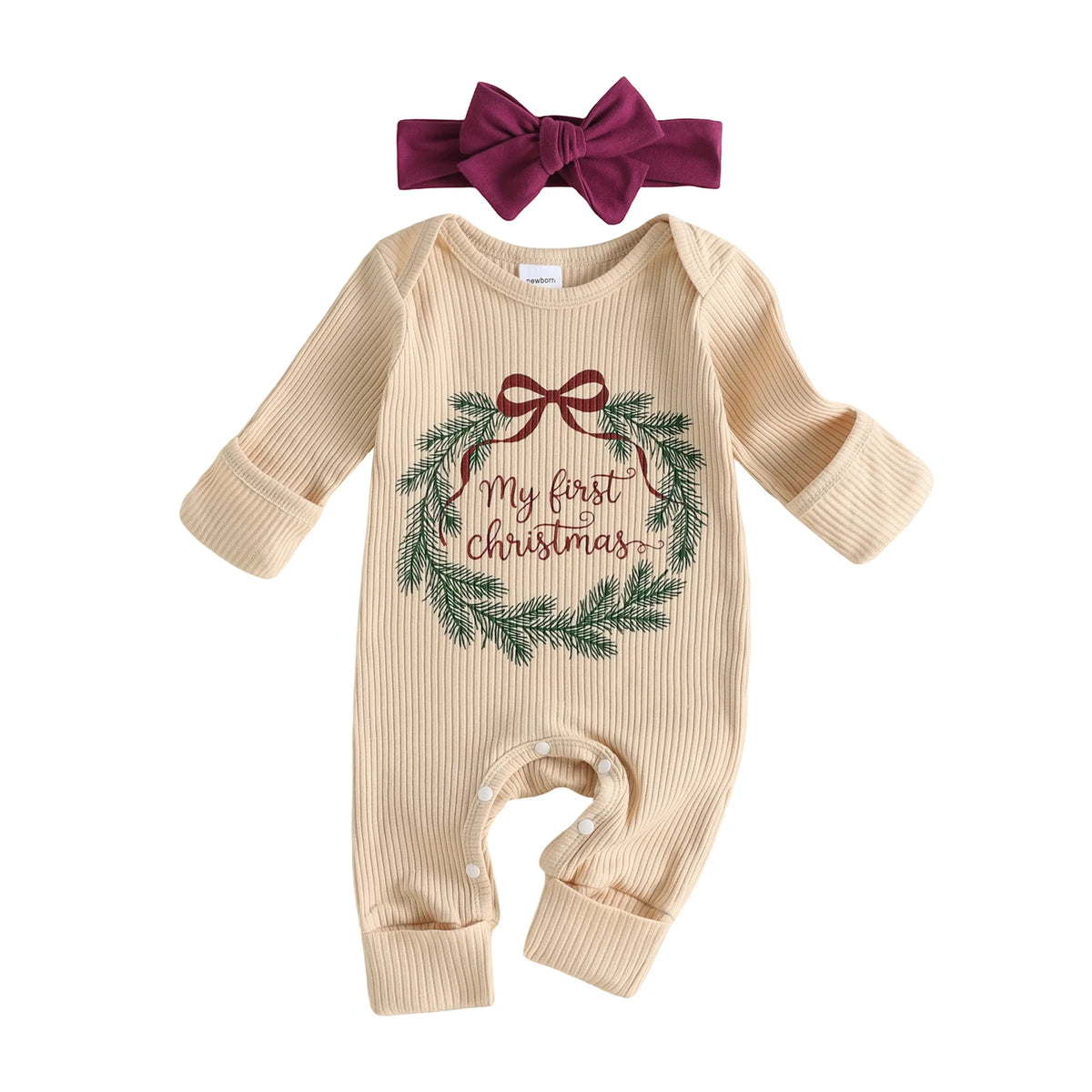 Newborn baby girl long sleeve cream ribbed romper with My First Christmas wreath print and burgundy bow headband