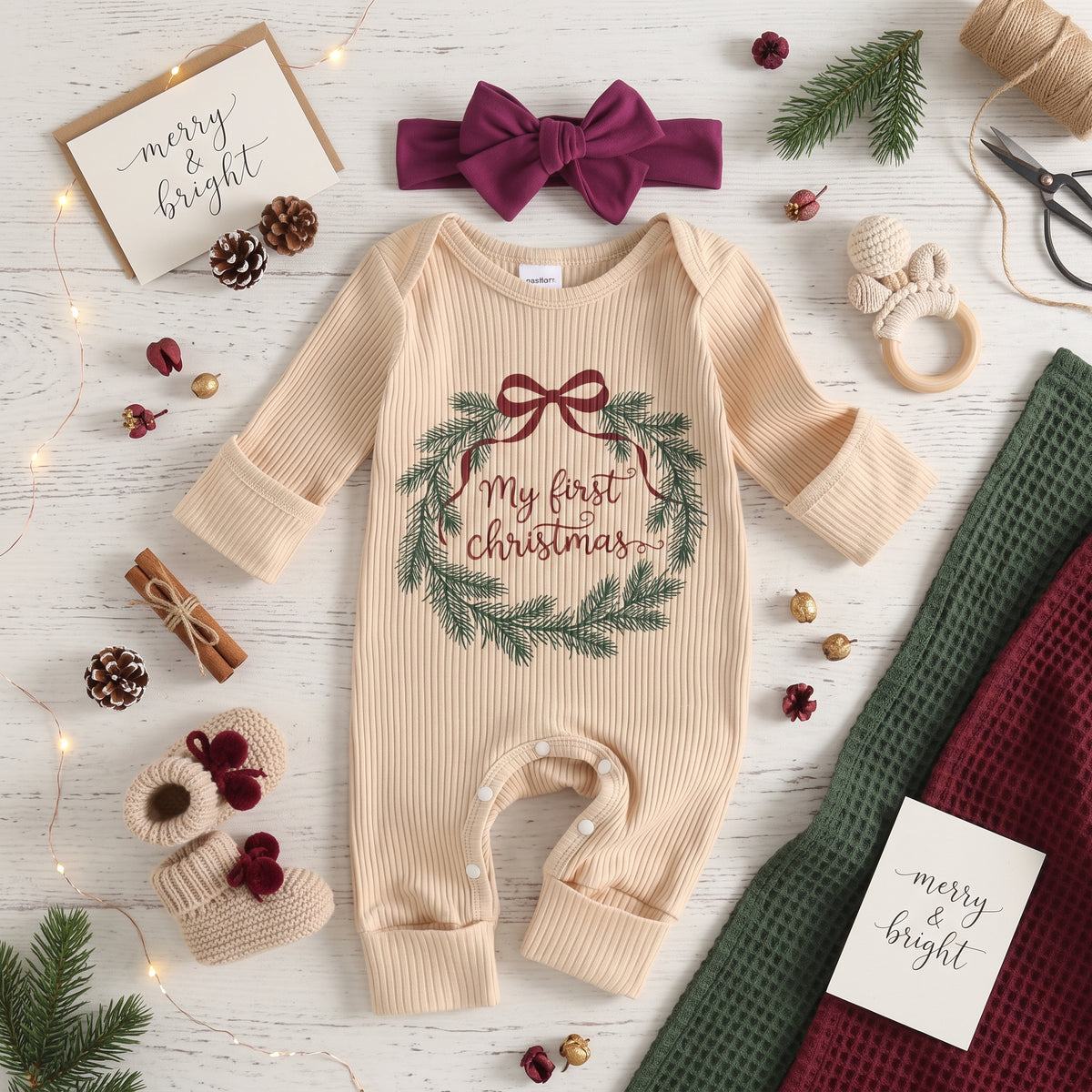 Flatlay view of long sleeve baby girl My First Christmas romper with bow headband and holiday decorations