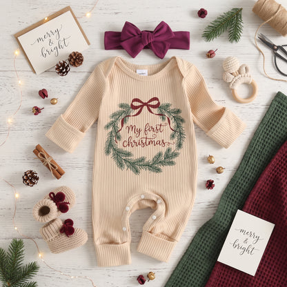 Flatlay view of long sleeve baby girl My First Christmas romper with bow headband and holiday decorations