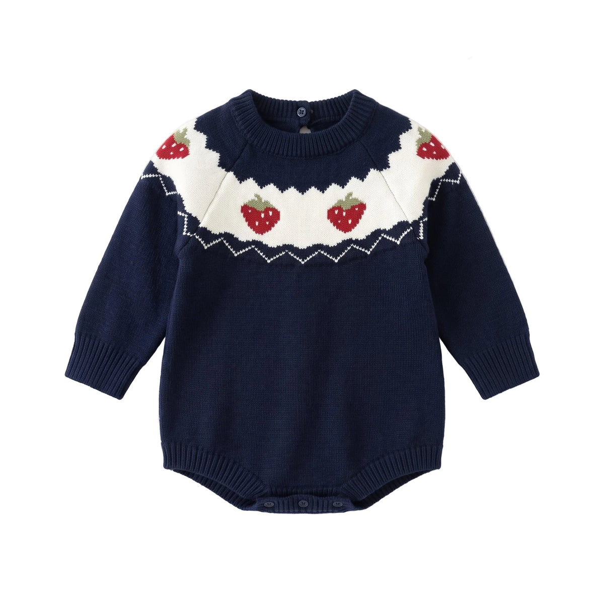 Flat lay of a baby girl navy blue long sleeve knit sweater romper featuring a white scalloped yoke with a knit strawberry pattern.