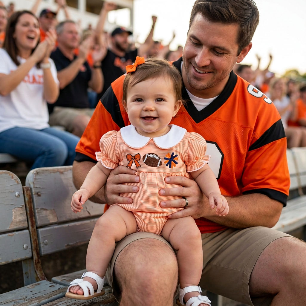 A smiling baby girl wearing an orange striped game day romper sitting on her father's lap in stadium bleachers during a football game.