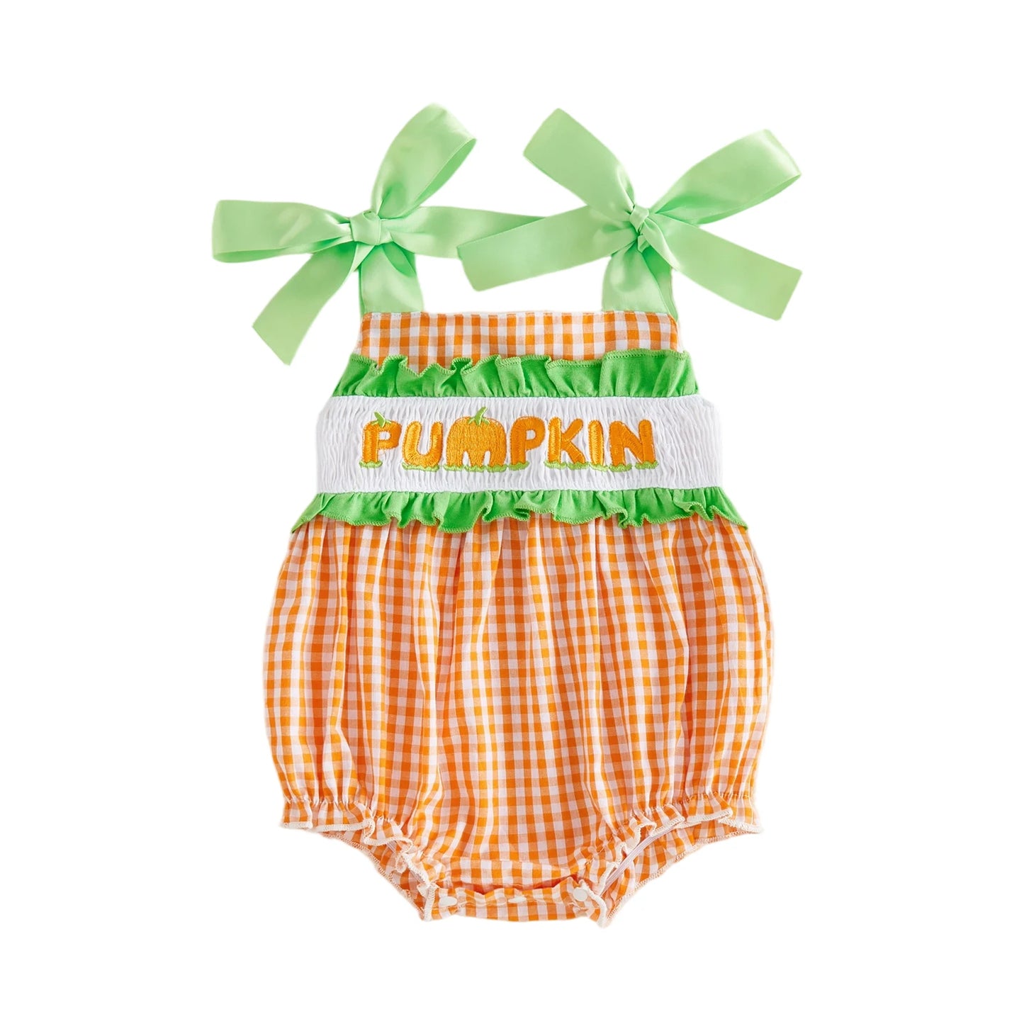 Baby girl orange gingham smocked bubble romper featuring light green shoulder ribbons and the word PUMPKIN embroidered on the chest.