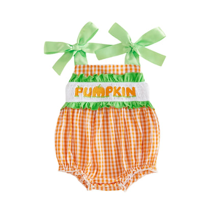 Baby girl orange gingham smocked bubble romper featuring light green shoulder ribbons and the word PUMPKIN embroidered on the chest.