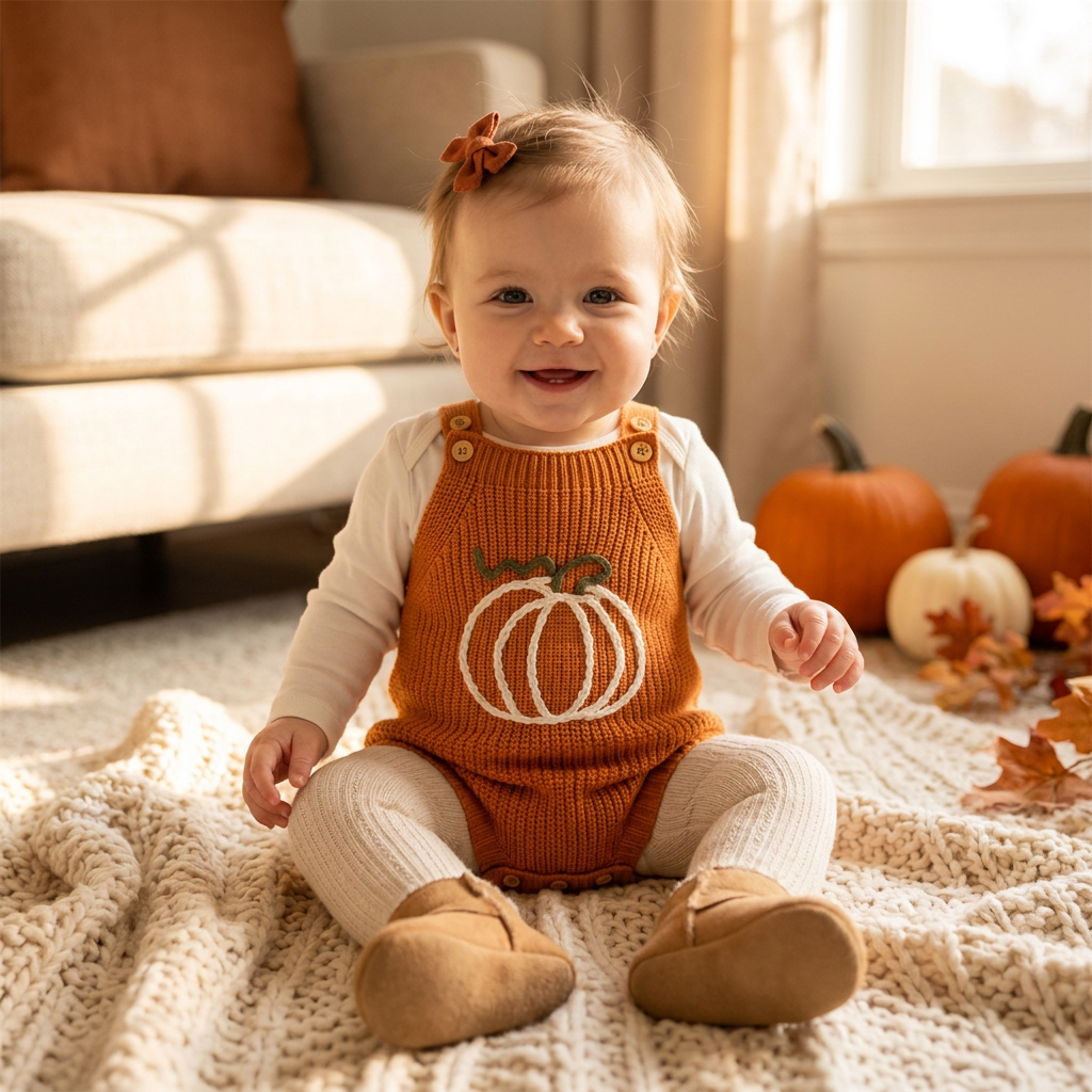 A smiling baby girl sitting on a cozy textured blanket indoors, wearing the orange knit pumpkin bubble romper layered over a white long-sleeve shirt and ribbed tights, with fall pumpkins in the background.