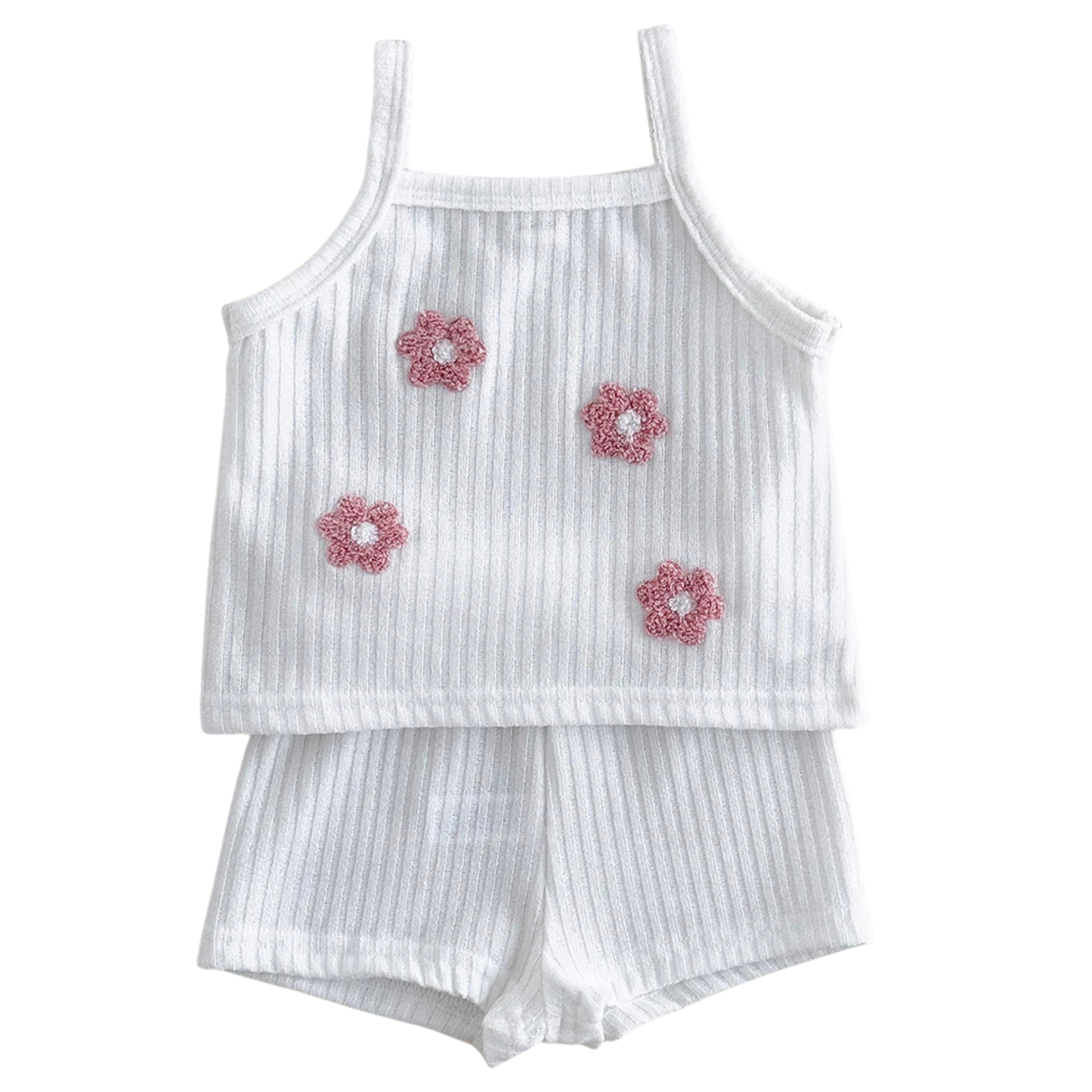 Front view studio flat lay of the petal white 2-piece baby girl summer ribbed tank and shorts set with pink 3D flower appliqués.