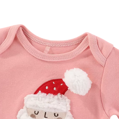 Close-up of expandable lap shoulder collar design on pink baby girl holiday bodysuit