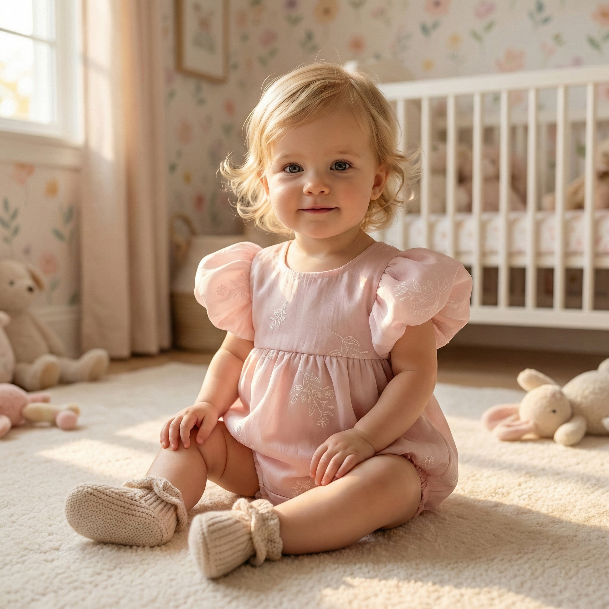 A toddler girl wearing a pink embroidered bubble romper sitting on a rug in a sunlit nursery next to a crib.