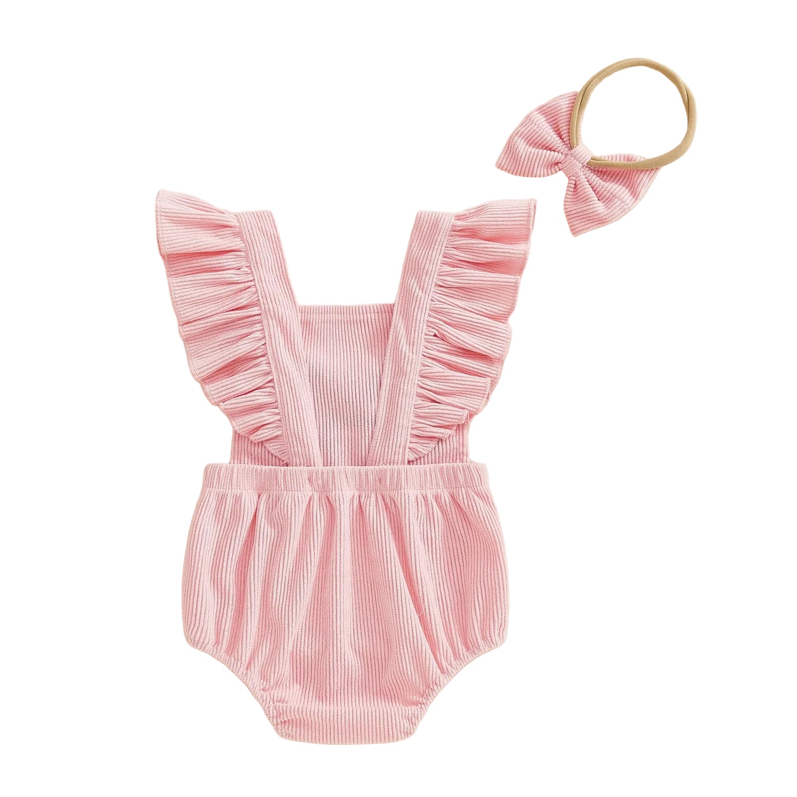 Back view of pink baby girl flutter sleeve corduroy romper showing crossover straps
