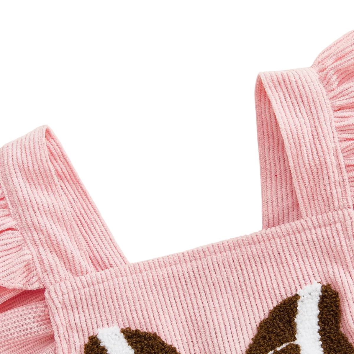 Close-up detail of flutter sleeves and football bow embroidery on pink corduroy baby romper