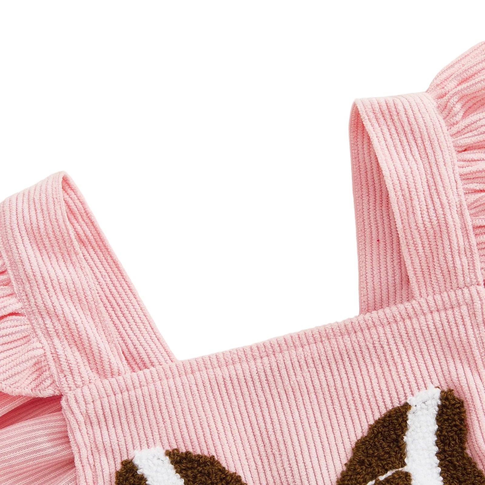 Close-up detail of flutter sleeves and football bow embroidery on pink corduroy baby romper