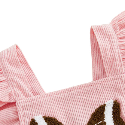 Close-up detail of flutter sleeves and football bow embroidery on pink corduroy baby romper