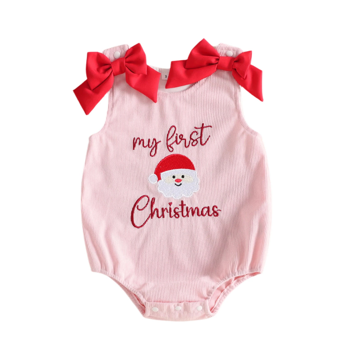 Baby girl pink corduroy sleeveless romper with embroidered Santa graphic and red shoulder bows