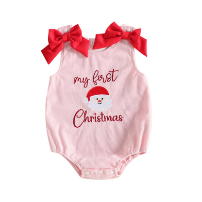 Baby girl pink corduroy sleeveless romper with embroidered Santa graphic and red shoulder bows