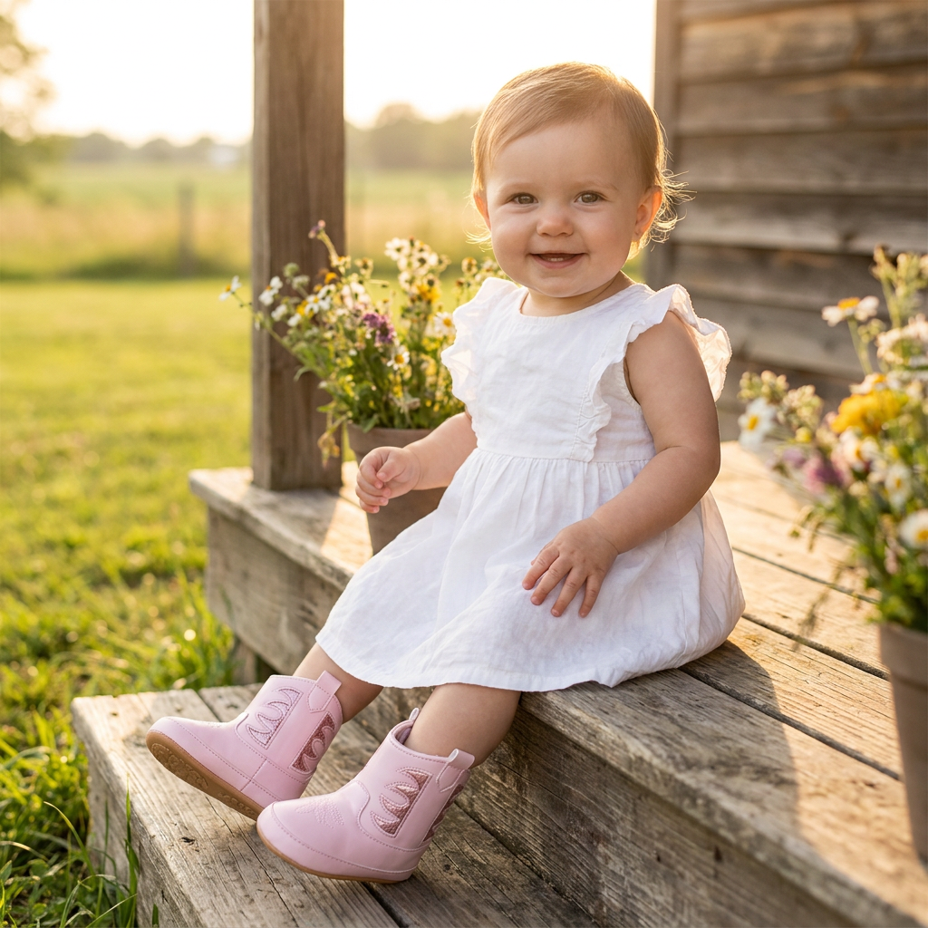 A smiling baby girl wearing a white dress and pink metallic infant cowboy boots sitting on rustic wooden porch steps outdoors.
