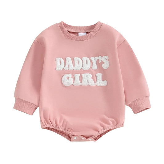 Pink Baby Girls "Daddy's Girl" long sleeve sweatshirt bubble romper with white fuzzy letters on a white background.