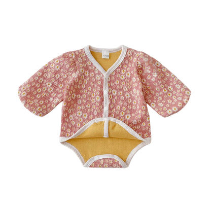 Full front view of the pink daisy floral baby bubble romper displayed flat on a white background.