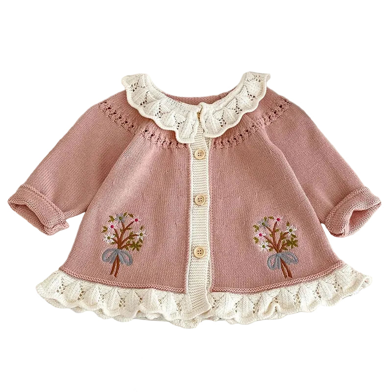 Pink embroidered knit cardigan for baby and toddler girls featuring a white scalloped ruffle collar and button front.