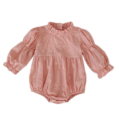 Front view flat lay of a baby girl pink floral embroidered long sleeve bubble romper.