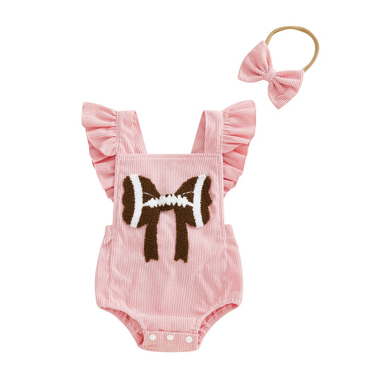 Pink baby girl flutter sleeve corduroy romper with embroidered football bow and matching headband