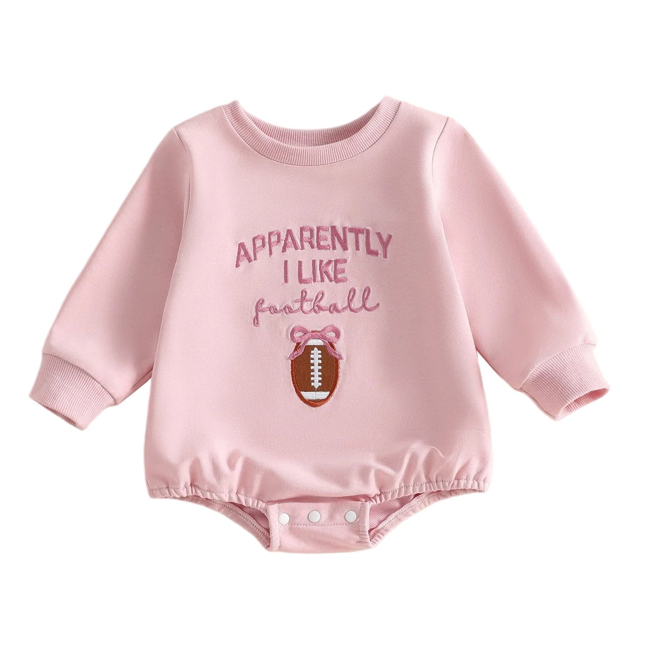 Front view of a pink baby girl long sleeve bubble romper featuring the text