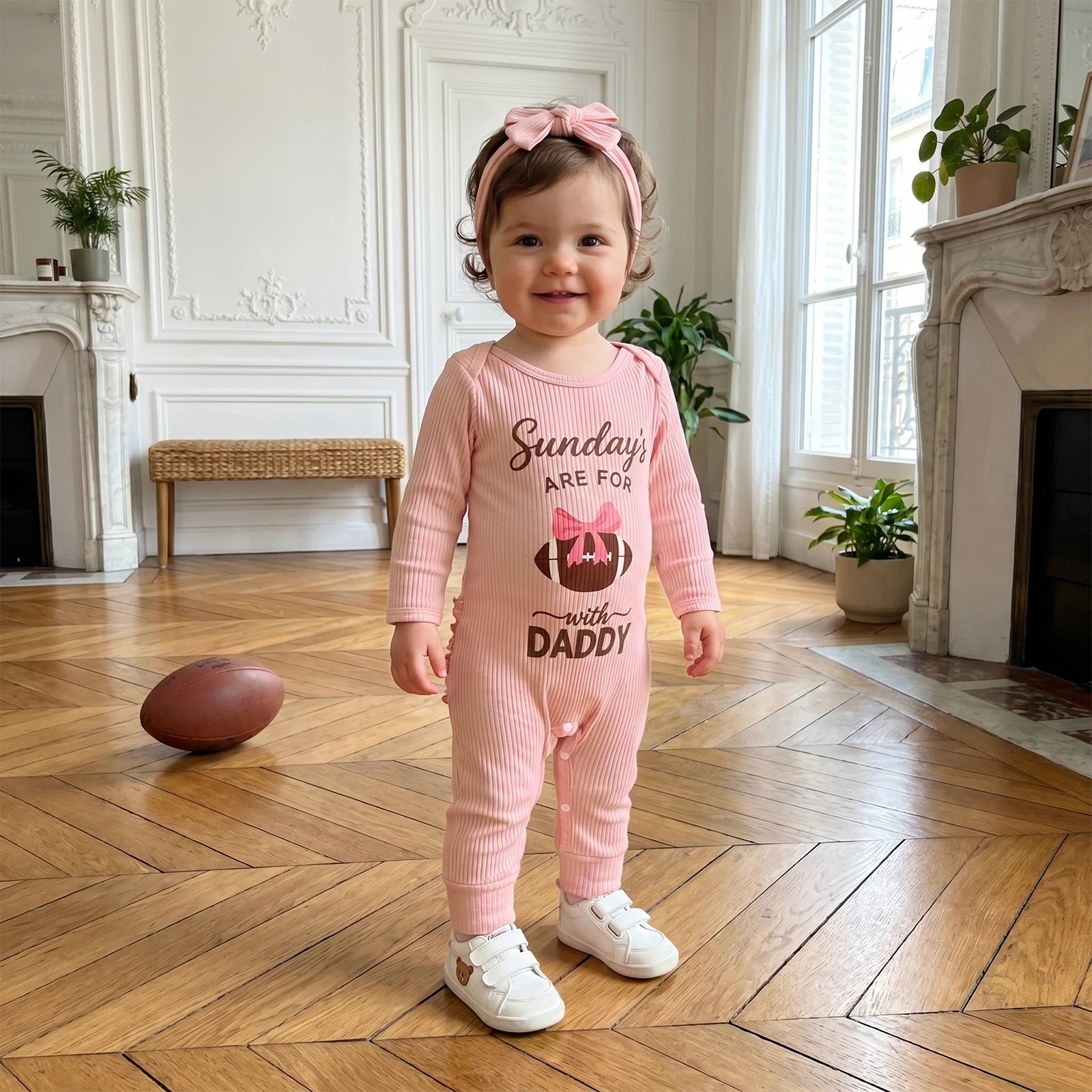 Happy baby girl standing on a hardwood floor indoors next to a football, wearing the pink ribbed "Sundays With Daddy" long sleeve romper.