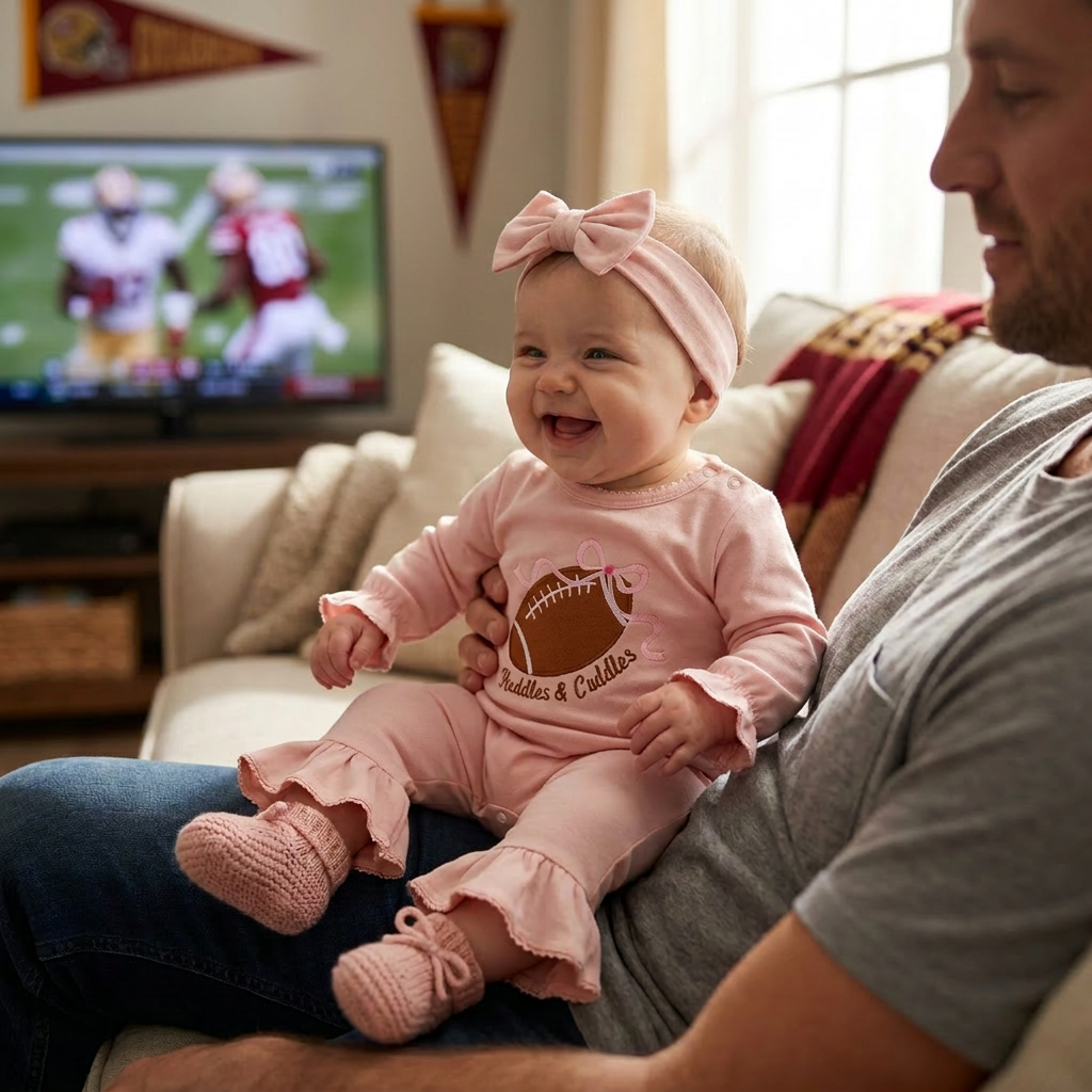 Baby girl wearing a pink football game day romper and headband, sitting on a man's lap watching a football game on TV.