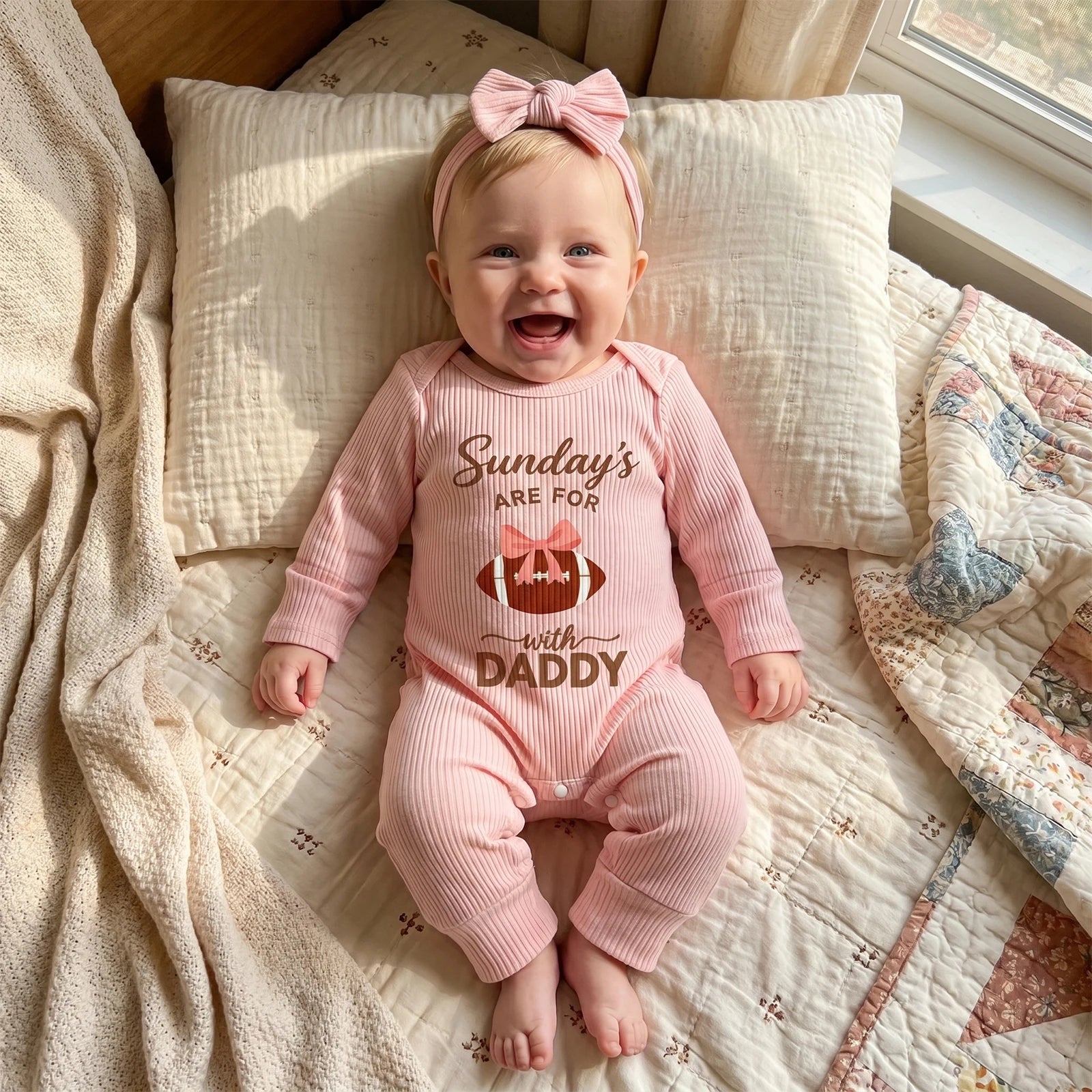 Smiling baby girl lying on a cozy bed wearing a pink ribbed "Sundays With Daddy" football romper and matching headband.