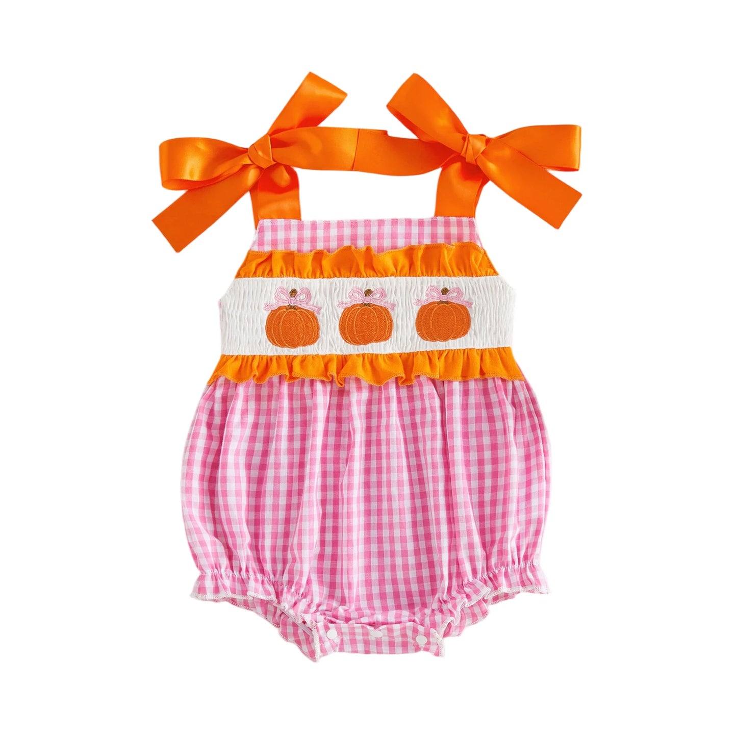 Baby girl pink gingham smocked bubble romper with orange ribbon shoulder ties and three pumpkins embroidered on the chest.